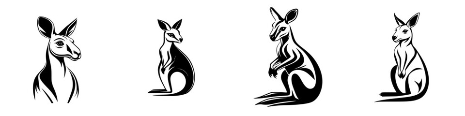 Poster - Flat black icon featuring stylized kangaroos in various poses against a simple background