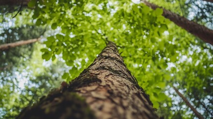 Poster - Looking up at a towering tree trunk in a lush forest, sunlight filtering through vibrant green leaves, creating a bokeh effect. : Generative AI