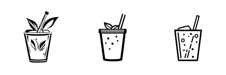 Poster - Stylized flat black icons representing various types of beverages in minimalist design