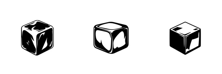 Poster - Flat black icon showing three distinct ice cube designs showcasing various shapes and textures in a simple, minimalist style
