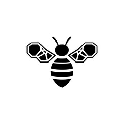 Poster - Stylized flat black bee icon featuring detailed wings and a striped body design for various graphic applications