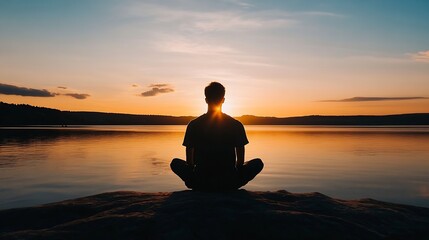 Poster - Silhouette of a man meditating peacefully by a lake at sunset, enjoying the tranquil atmosphere and golden hour light. : Generative AI