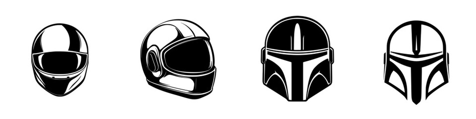 Poster - Different styles of flat black helmets showcased in a minimalist design emphasizing unique shapes and details