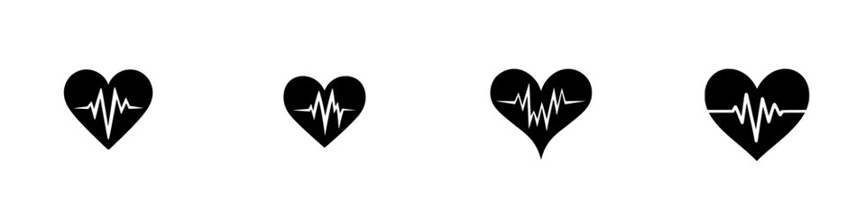 Poster - series of flat black heart icons with pulse lines representing health and wellness concepts
