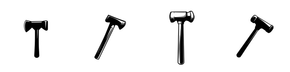 Poster - Black flat icon of various hammer designs illustrating basic tool shapes for construction and repair activities