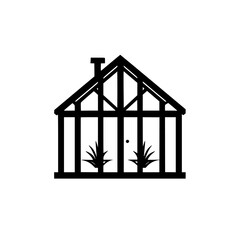 Poster - Flat black icon depicting a simple greenhouse structure with plants at the base and a door in the center