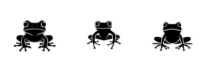 Poster - Flat black icon design featuring a trio of frogs in various poses against a simple background