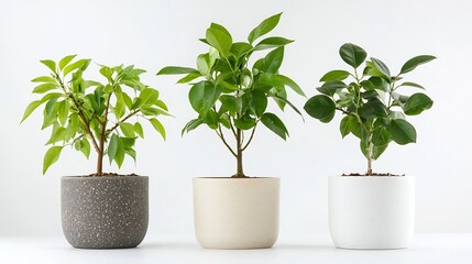 Poster - Three potted citrus plants with vibrant green leaves, displayed against a clean white background.  The plants are in different colored pots: dark grey, beige, and white. : Generative AI