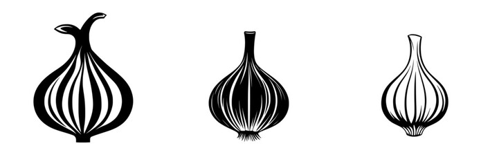 Poster - Flat black icons of garlic bulbs showcasing distinct shapes and designs in a minimalist style suitable for culinary themes