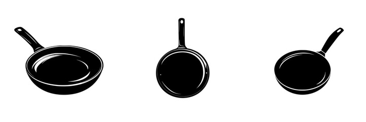 Poster - Flat black icons of various frying pans showcasing different angles and designs for culinary use and kitchen decoration