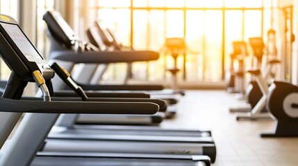 Poster - Modern gym interior with a row of treadmills near large windows, bathed in sunlight.  The focus is on the treadmills' consoles and handrails, showcasing their sleek design and function : Generative AI