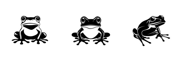 Poster - Flat black icon of three distinct frog illustrations showcasing various poses and characteristics in a minimalist design