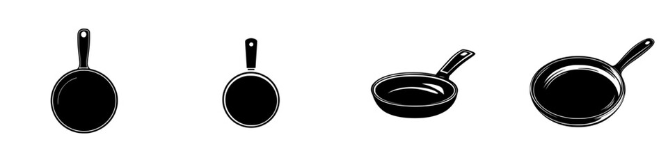 Poster - Collection of flat black cooking utensil icons featuring various types of pans with different shapes and handles for kitchen use