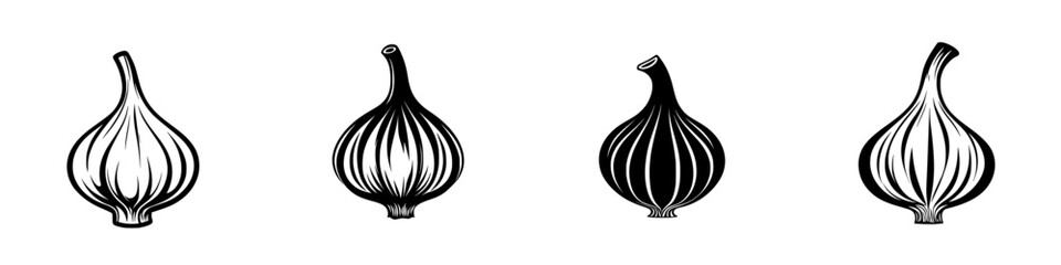 Poster - Black icon set of garlic bulbs showcasing various shapes and styles for culinary and design use