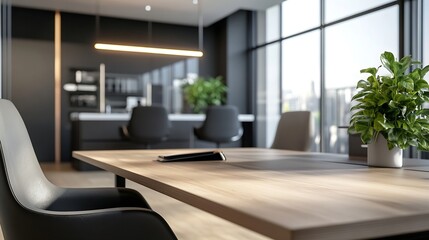 Poster - Modern office interior design featuring a light wood conference table, black leather chairs, and a potted plant, showcasing a minimalist and professional workspace. : Generative AI