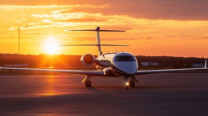 Poster - Private jet on tarmac at sunset, gleaming metallic silver and gold hues reflecting the warm light, showcasing luxury travel and aviation. : Generative AI