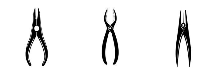 Poster - Flat black icons of three types of pliers arranged horizontally on a plain background for tool identification and design purposes