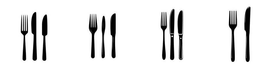 Poster - Flat black icon set featuring cutlery design with forks and knives arranged in various configurations