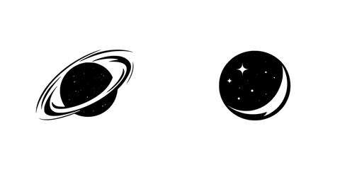 Poster - flat black icon depicting a planet with rings and a starry sky, illustrating space concepts and cele