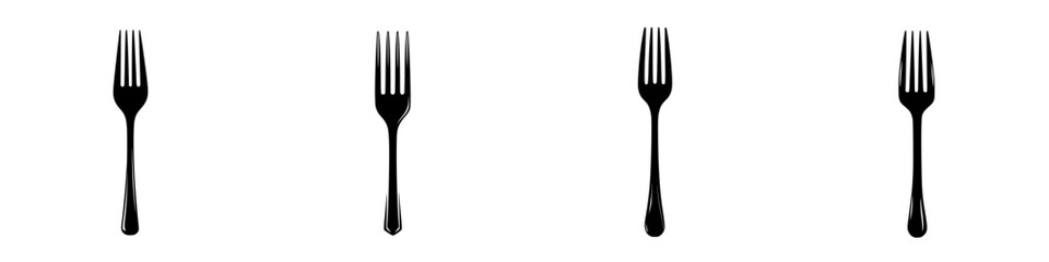 Poster - Flat black icon collection of fork designs arranged in a row on a white background suitable for modern culinary graphics