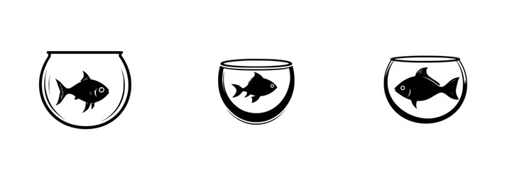 Poster - flat black icons of fish bowls with various fish designs showing aquatic life in a minimalist style
