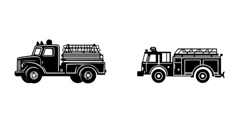 Poster - Flat black icons of two different fire trucks showcasing distinct designs and features in a minimalistic style for graphic use