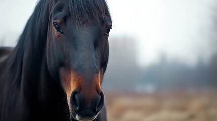 Poster - Close-up portrait of a dark bay horse, its intelligent eyes gazing directly at the camera, set against a softly blurred autumnal landscape. : Generative AI