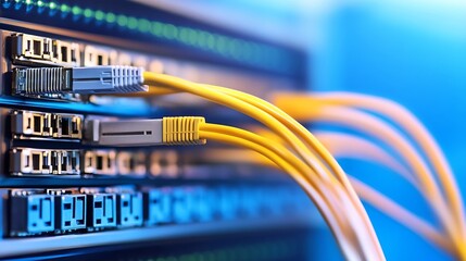 Poster - Close-up view of fiber optic cables connected to a network switch, showcasing the intricate details of data transmission technology. : Generative AI