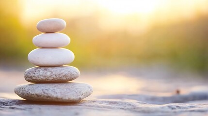 Poster - Serene Stack of Balanced Stones at Sunset, a Peaceful and Tranquil Scene of Nature's Harmony and Balance. : Generative AI