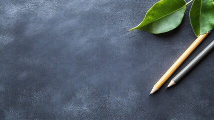 Aufkleber - Two pencils and green leaves rest on a dark gray textured surface, creating a minimalist, nature-inspired scene ideal for stationery or education-related projects. : Generative AI