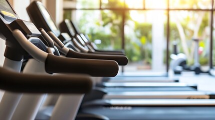Aufkleber - Modern gym interior with a row of treadmills near a large window, showcasing sunlight and a blurred outdoor view.  The focus is on the treadmills' handrails and consoles. : Generative AI