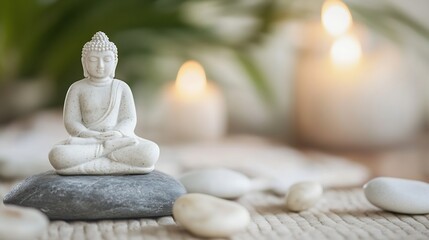 Leinwandbilder - Serene white buddha statue meditates peacefully on a grey stone, surrounded by smooth white stones and soft candlelight, creating a tranquil spa-like atmosphere. : Generative AI