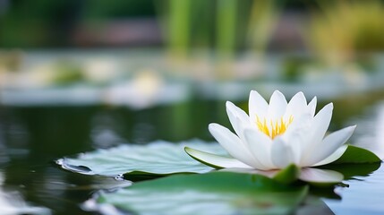 Poster - Serene white water lily blossom floats gently on calm pond water, surrounded by lush green lily pads; tranquil nature scene. : Generative AI