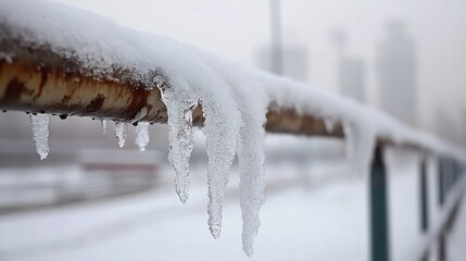 Poster - Close-up of icy formations hanging from a rusty metal railing, covered in fresh snow, with blurred city buildings in the background on an overcast winter day. : Generative AI