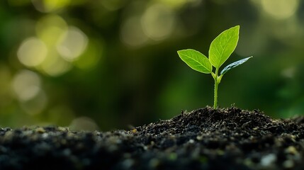 Poster - A tiny sprout emerges from dark soil, its vibrant green leaves reaching towards a soft, sunlit green bokeh background. : Generative AI
