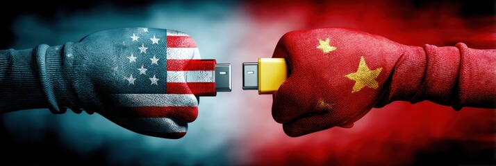 Aufkleber - Gloves Representing the US and China Pull a USB Cable, Symbolizing Technological Competition and Collaboration Generative AI