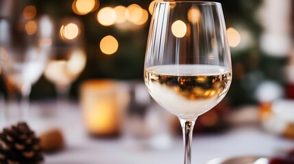 Poster - Close-up of a glass of white wine on a table with a blurred festive background, warm lighting, and bokeh effects. : Generative AI