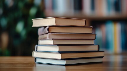 Fototapete - Stack of hardcover books on wooden table, blurred bookshelf background.  Cream, brown, and dark blue book covers are visible.  Implies education, knowledge, and reading. : Generative AI