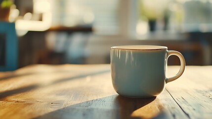 Aufkleber - A light blue ceramic mug sits on a rustic wooden table, bathed in warm sunlight streaming through a blurred window background. : Generative AI