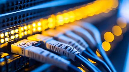 Poster - Close-up of network cables plugged into a server, illuminated with warm yellow and cool blue lighting, showcasing technological connectivity. : Generative AI