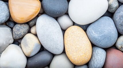 Fototapete - Close-up view of smooth, colorful pebbles, showcasing variations in grey, beige, and white tones.  The stones are arranged naturally, creating a textured surface ideal for backgrounds  : Generative AI