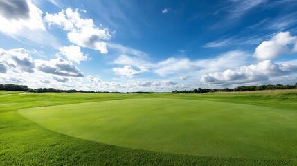 Aufkleber - Serene golf course landscape under a vibrant summer sky, featuring lush green fairways and a picturesque horizon. : Generative AI