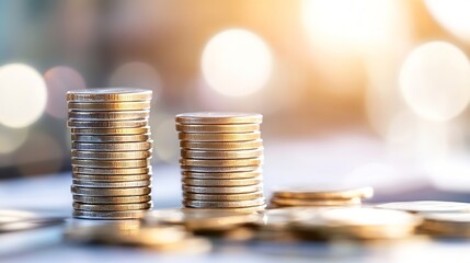 Poster - Two stacks of gold coins stand tall against a blurred background of warm light, symbolizing financial growth and wealth accumulation.  The coins gleam, reflecting the ambient light, cr : Generative AI