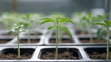 Poster - Close-up of young cannabis seedlings growing in a seed tray, showcasing vibrant green leaves and delicate stems in a controlled environment. : Generative AI