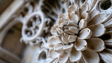 Aufkleber - Close-up view of an ornate, weathered, white stone flower carving, detailed petals and intricate design, architectural element, aged texture. : Generative AI