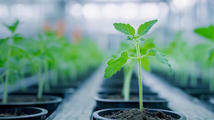Poster - A young tomato seedling sprouts from rich soil, its vibrant green leaves reaching towards the light in a modern greenhouse setting. : Generative AI