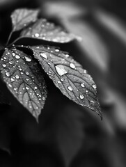 Poster - Close-up of three leaves glistening with dew drops, captured in monochrome, showcasing the intricate leaf veins and the reflective quality of the water droplets. : Generative AI