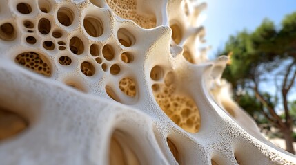Fototapete - Close-up view of a porous, off-white organic structure resembling bone or coral, exhibiting intricate textures and a network of interconnected cavities, set against a blurred outdoor b : Generative AI