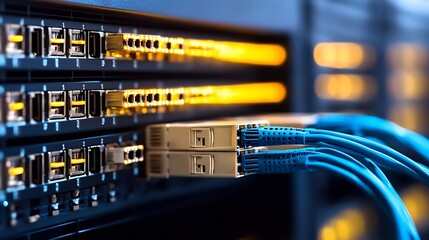 Poster - Close-up view of fiber optic cables connected to a network switch, showcasing illuminated ports and intricate details of data transfer technology. : Generative AI
