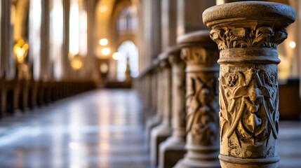 Aufkleber - Intricate stone carvings adorn a row of columns inside a grand cathedral, bathed in warm, ambient light. The shallow depth of field emphasizes the detail of the nearest column, creatin : Generative AI